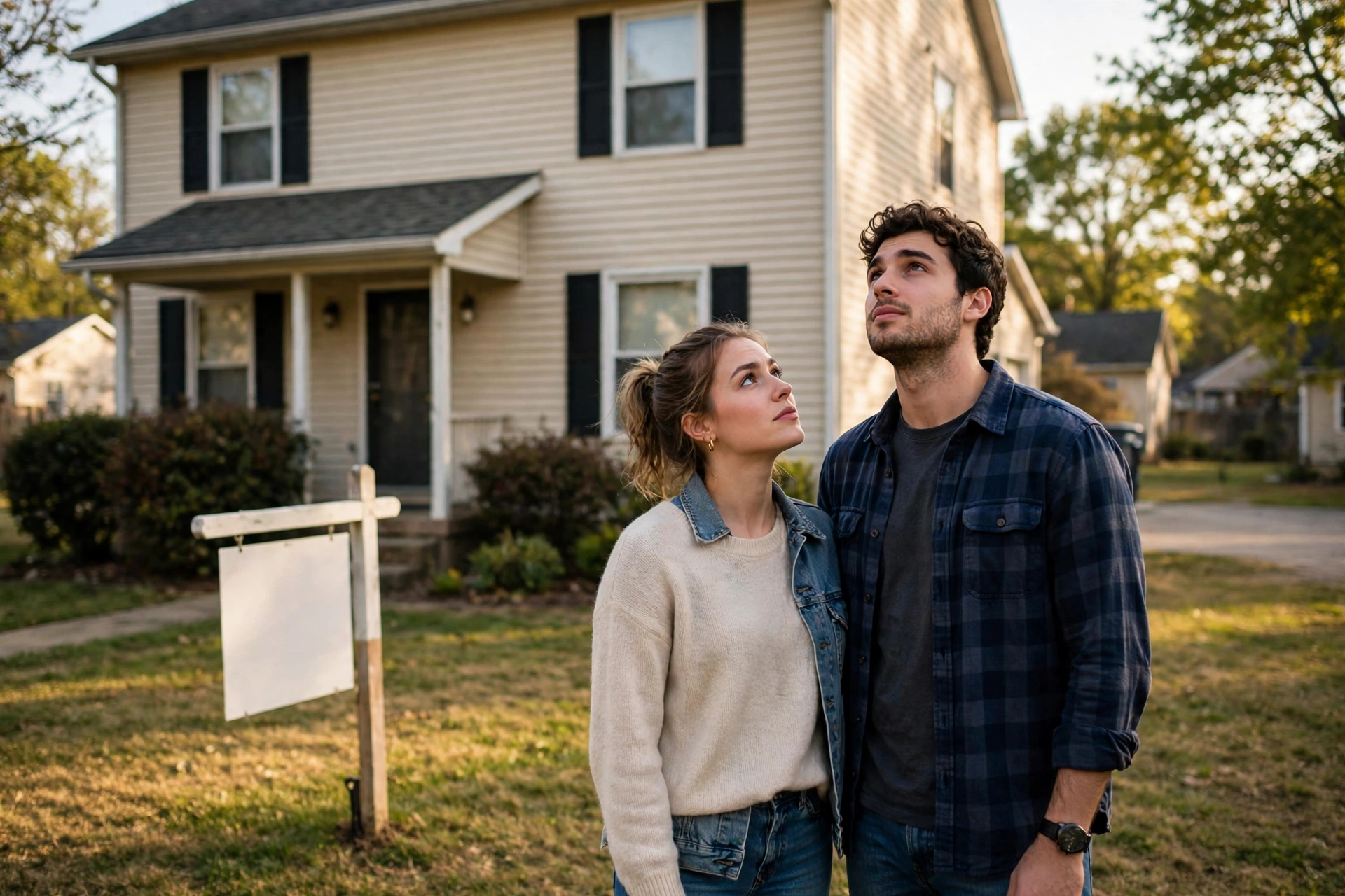 A couple looking at a suburban house for sale