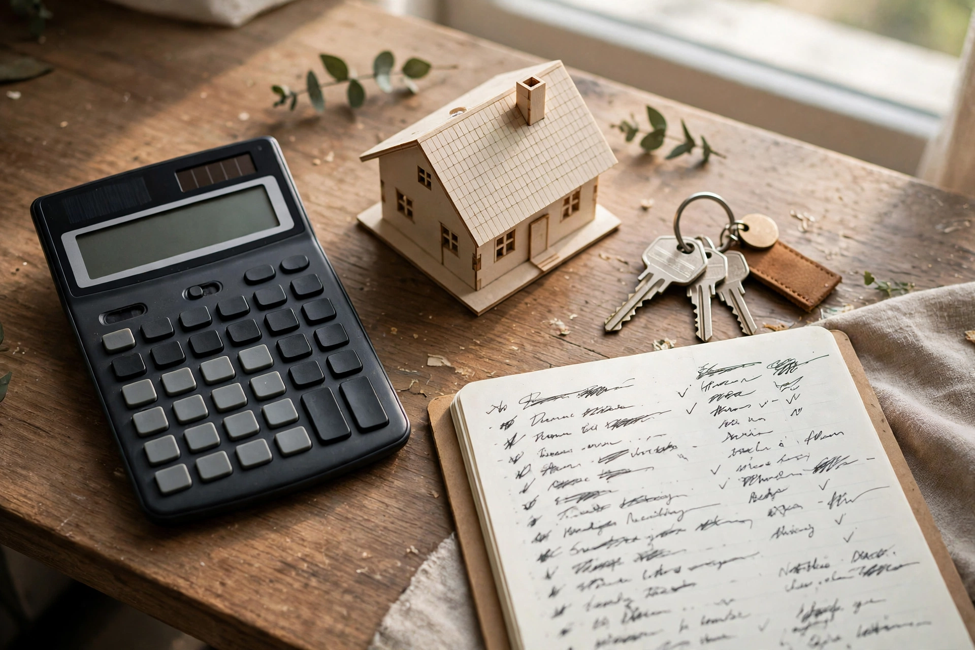 Calculator, model house and budget notebook on a desk